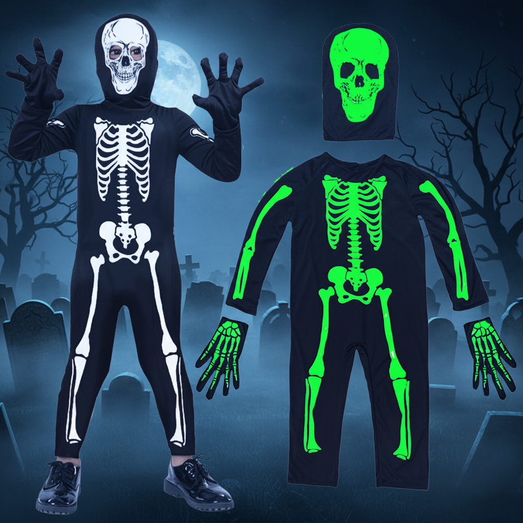 Costume squelette lumineux sur fond Halloween
